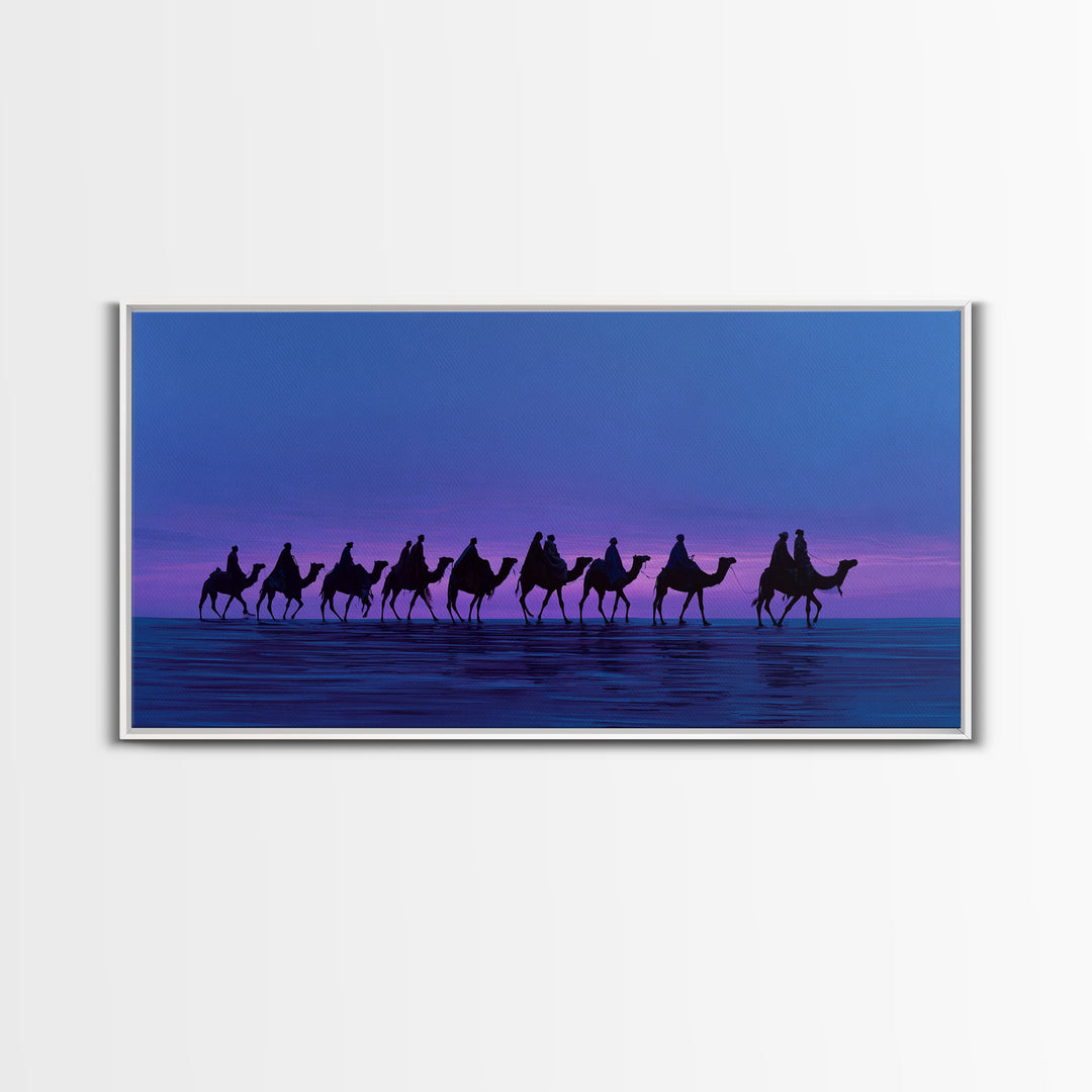 Purple Sunset Camel Caravan Canvas Print, African Safari Wall Art, Coastal Desert Silhouette Decor, Boho Travel Gift Idea