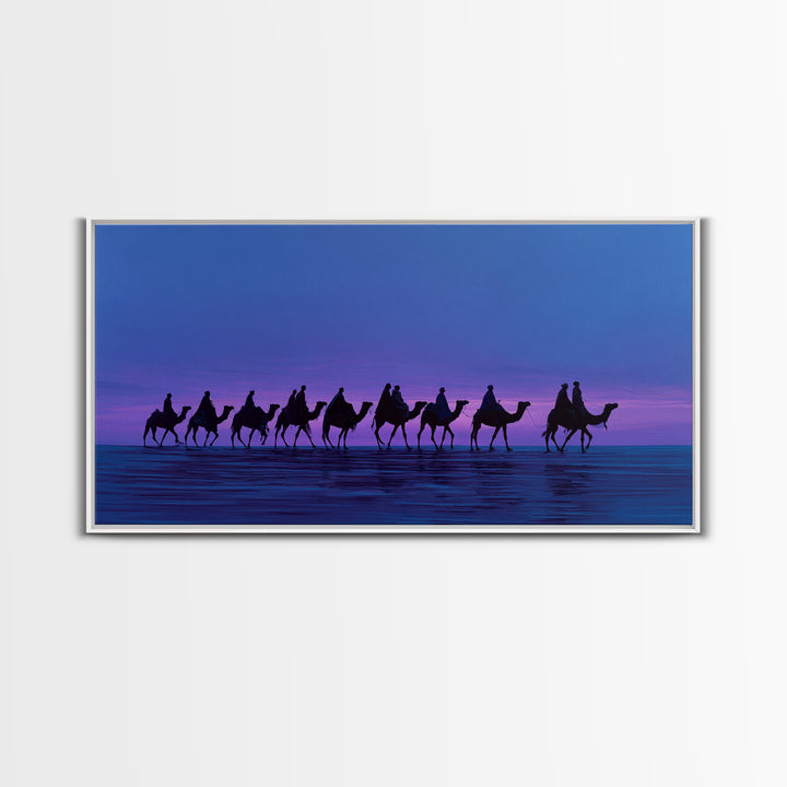 Purple Sunset Camel Caravan Canvas Print, African Safari Wall Art, Coastal Desert Silhouette Decor, Boho Travel Gift Idea