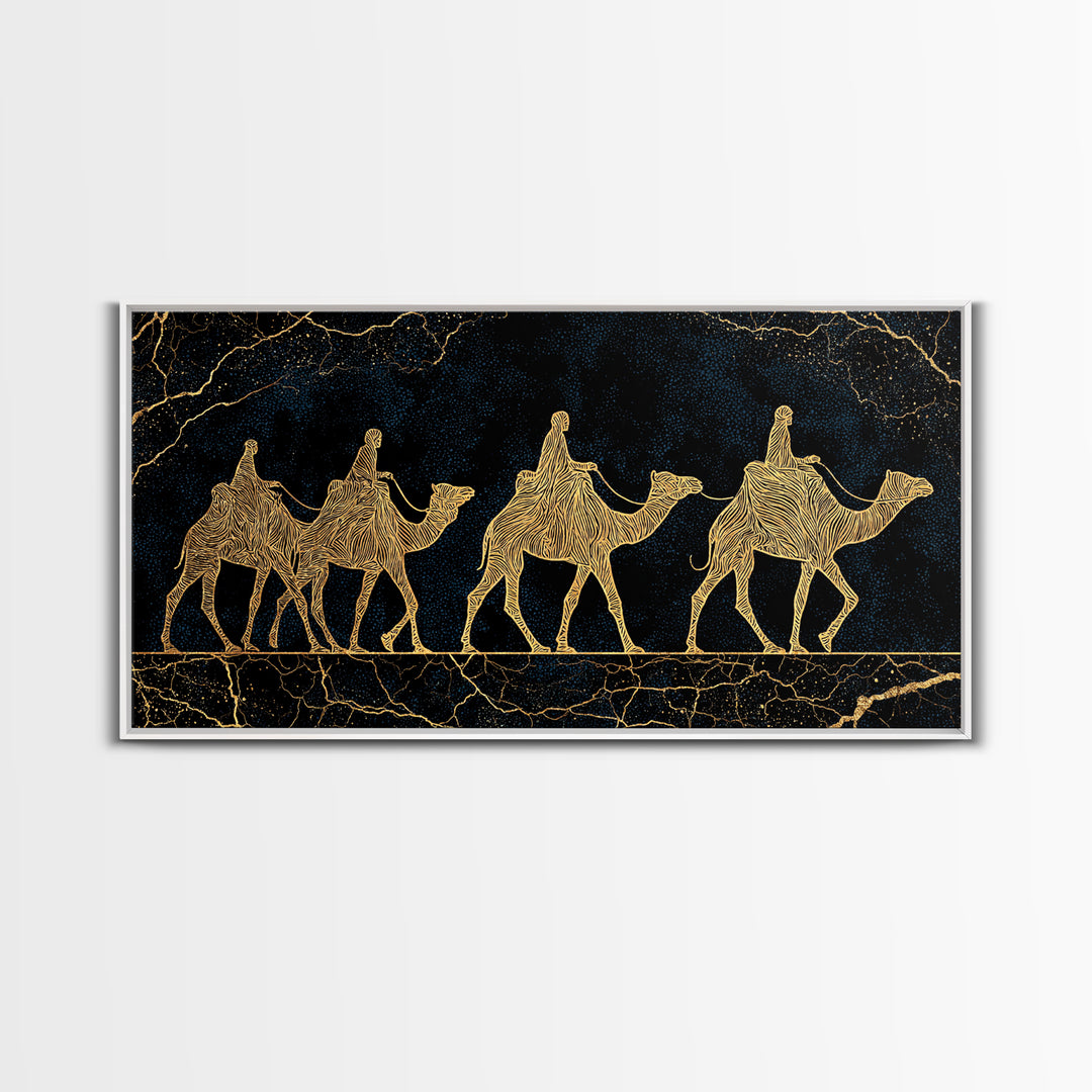Gold Line Camel Caravan Wall Art, Black And Gold African Safari Print, Desert Nomad Decor, Luxury Canvas Style Gift For Her