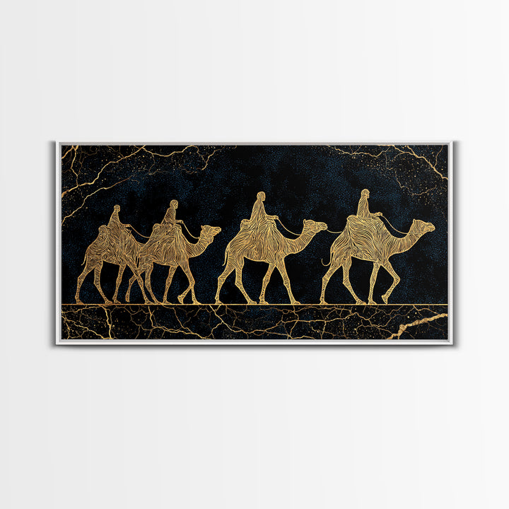 Gold Line Camel Caravan Wall Art, Black And Gold African Safari Print, Desert Nomad Decor, Luxury Canvas Style Gift For Her