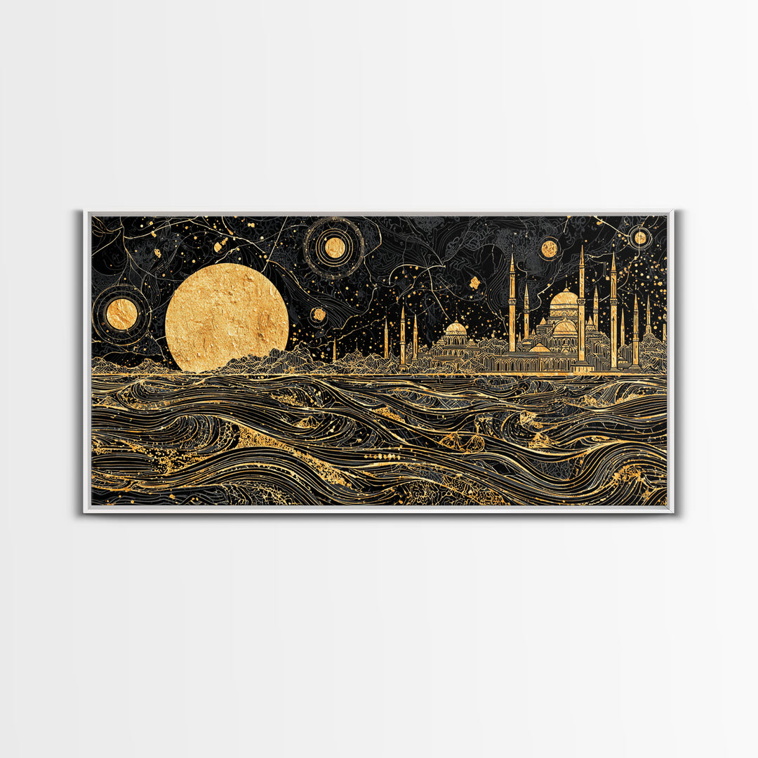 Gold Moon Mosque Skyline Canvas Print, Black And Gold Wall Art, Moroccan Travel Decor, Mystical Night Landscape Gift Idea