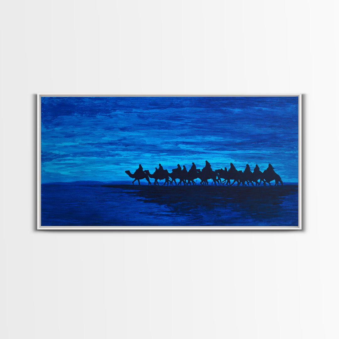 Deep Blue Camel Caravan Silhouette Wall Art, African Safari Poster, Desert Travel Decor, Modern Landscape Canvas Gift Idea