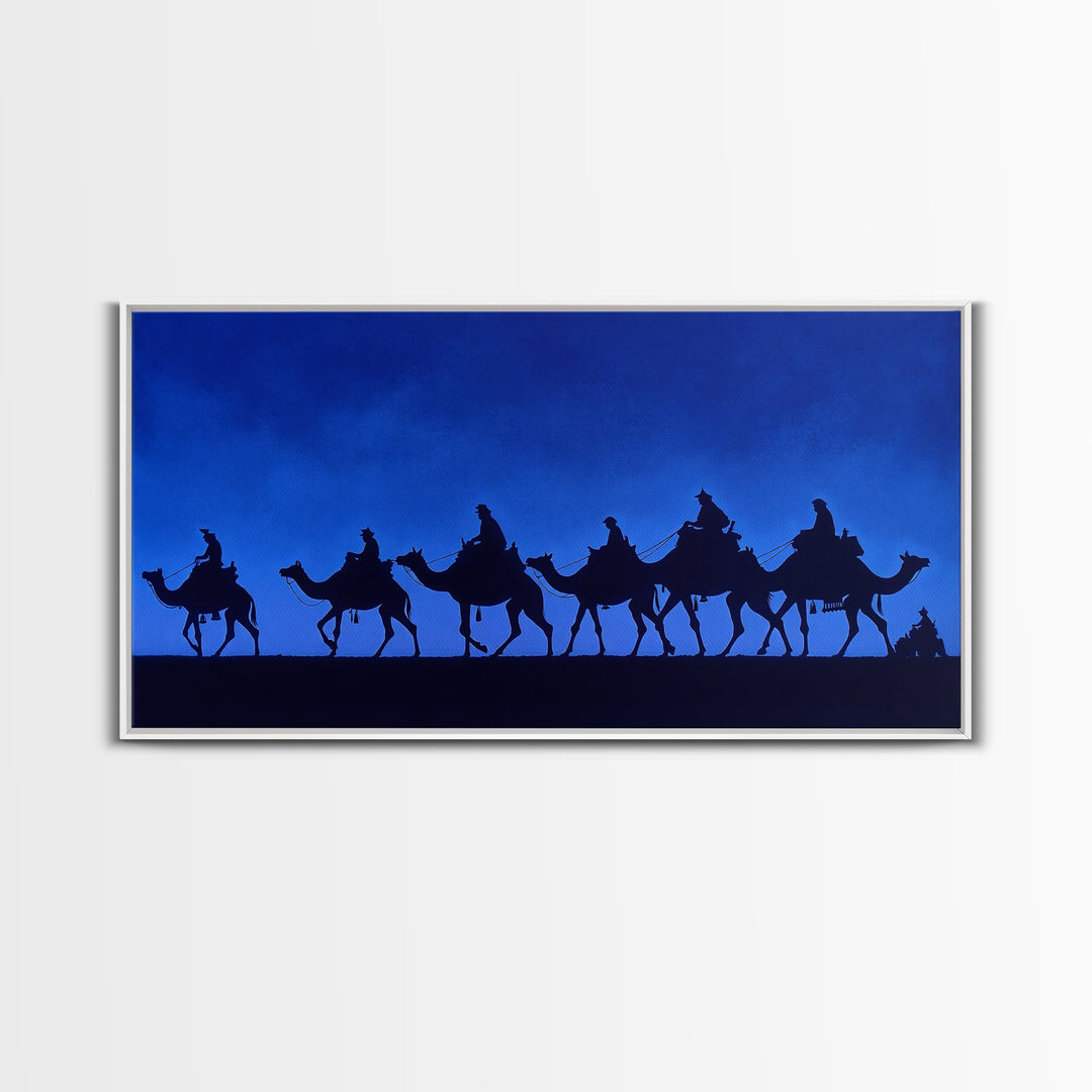 Cobalt Camel Caravan Silhouette Canvas Print, African Wall Art, Minimalist Desert Travel Decor, Blue Nomad Art Gift For Him