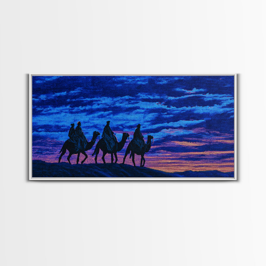 Textured Blue Sunset Camel Caravan Wall Art, African Safari Print, Purple Desert Silhouette Decor, Dreamy Travel Gift Idea
