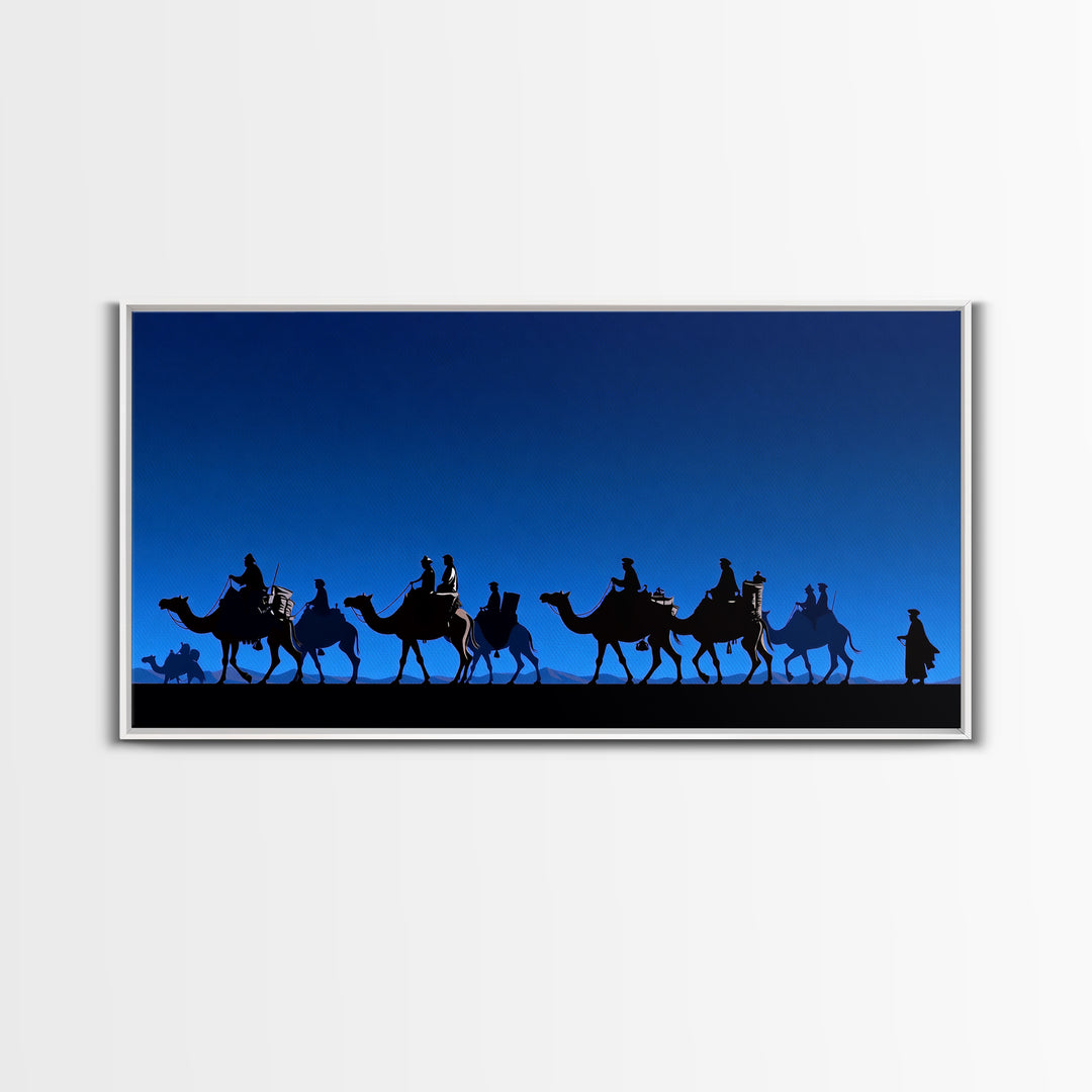 Bright Blue Camel Caravan Journey Silhouette Canvas Print, African Safari Wall Art, Desert Nomad Decor, Travel Gift For Him