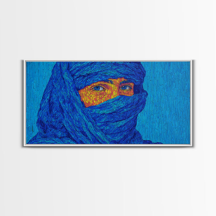 Blue Veiled African Woman Portrait Wall Art, Tuareg Inspired Afrocentric Decor, Bold Black Beauty Canvas For Living Room