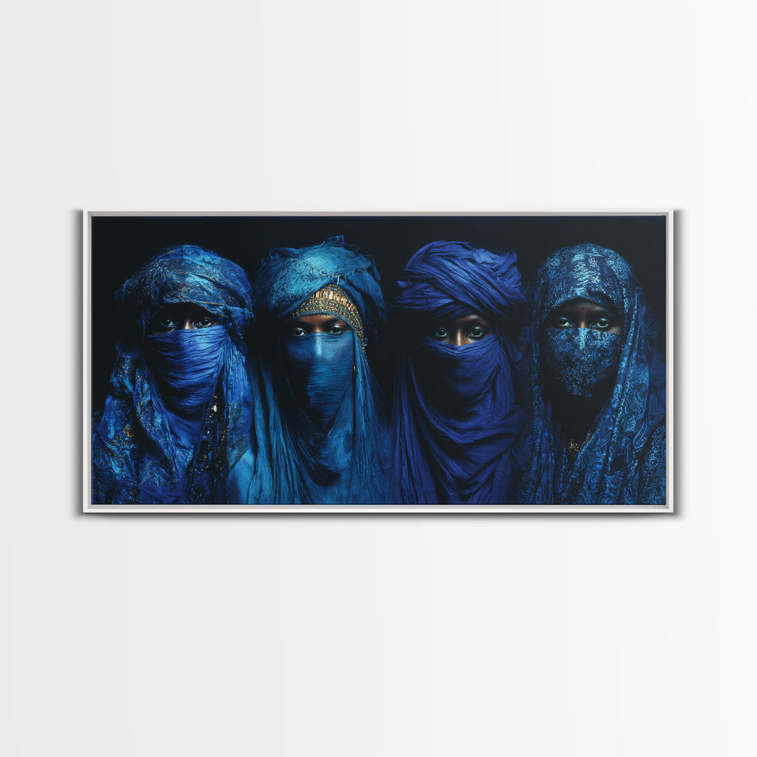 Four Blue Veiled African Women Framed Canvas Print, Tuareg Portrait Wall Decor, Afrocentric Black Culture Art Gift For Home Decor