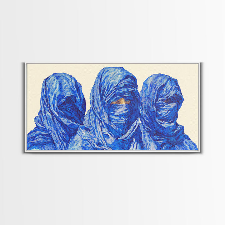 Three Blue Veiled Figures Wall Art, African Tribal Portrait Painting, Textured Tuareg Decor For Afrocentric Living Room Art