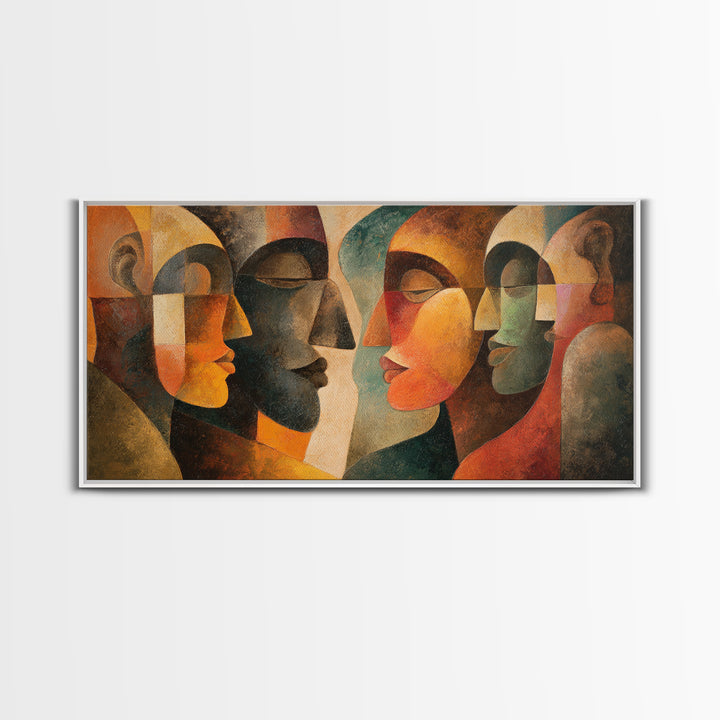 Abstract Cubist African Mask Faces Canvas Print, Earth Tone Tribal Wall Decor, Modern Ethnic Art For Home Gallery Decor Gift