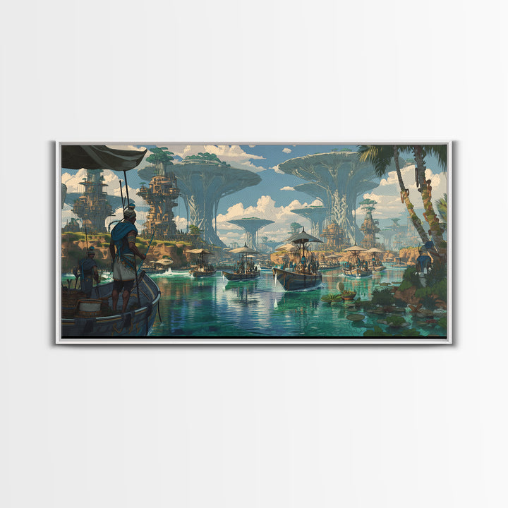 Afrofuturist African Waterfront City Wall Art, Sci Fi Landscape Canvas, Modern Black Art Decor For Living Room Statement Piece
