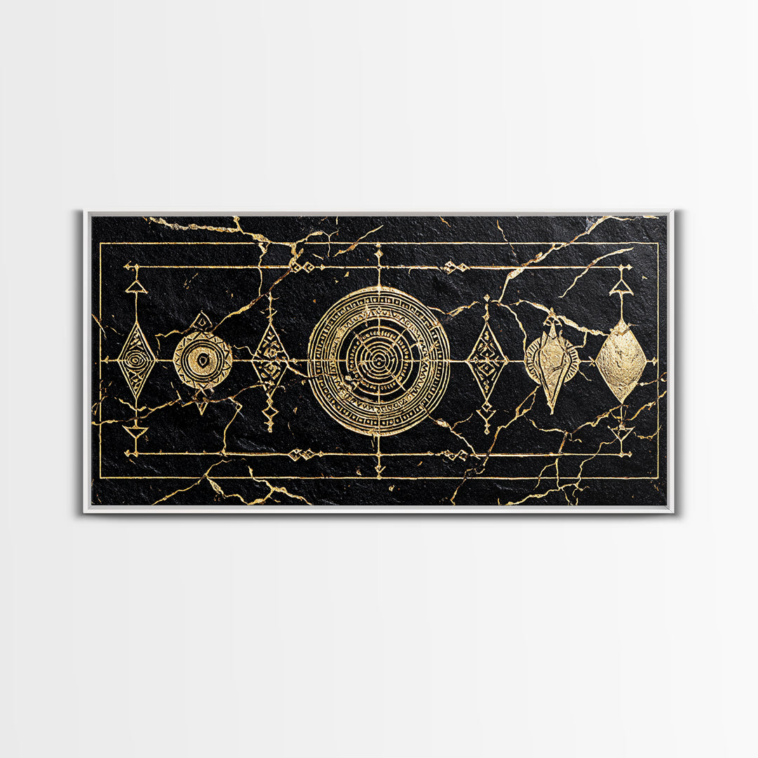 Black Gold African Geometric Symbols Framed Canvas Print, Tribal Pattern Wall Decor, Afrocentric Luxury Abstract Art Gift