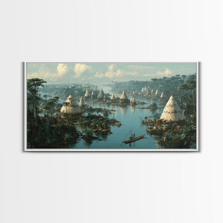 Misty African Wetland Village Wall Art, Thatched Hut Canoe Landscape Print, Authentic Cultural Safari Home Decor Canvas Gift