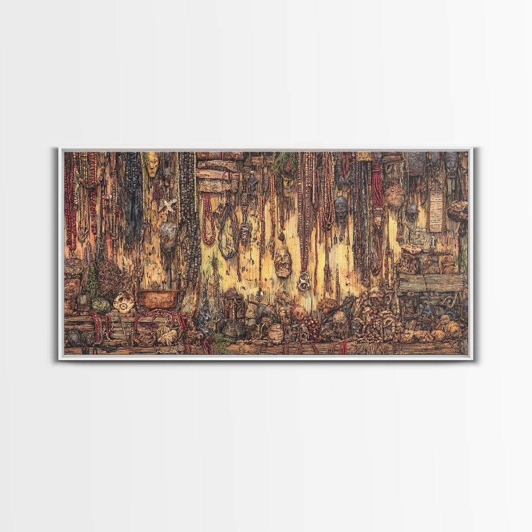 Rustic African Market Interior Canvas Print, Tribal Jewelry And Textile Wall Decor, Warm Boho Cultural Living Room Art Gift