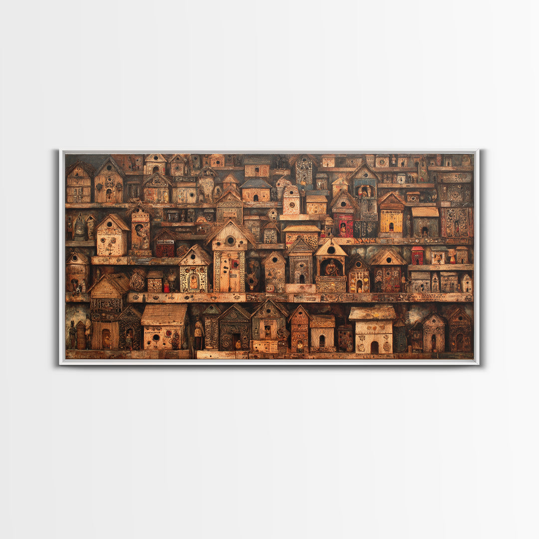 Rustic African Village Birdhouse Houses Wall Art, Tribal Architecture Canvas, Earth Tone Cultural Home Decor Gift For Living Room