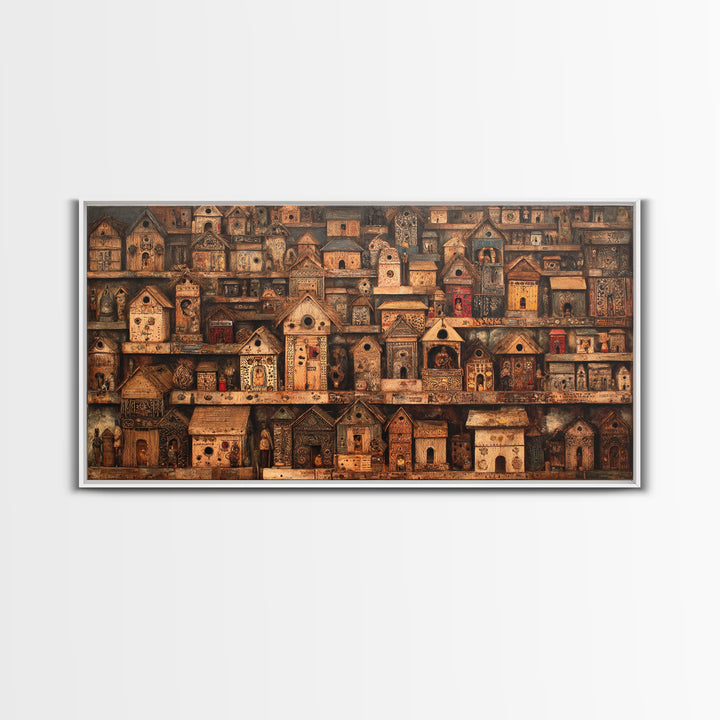 Rustic African Village Birdhouse Houses Wall Art, Tribal Architecture Canvas, Earth Tone Cultural Home Decor Gift For Living Room