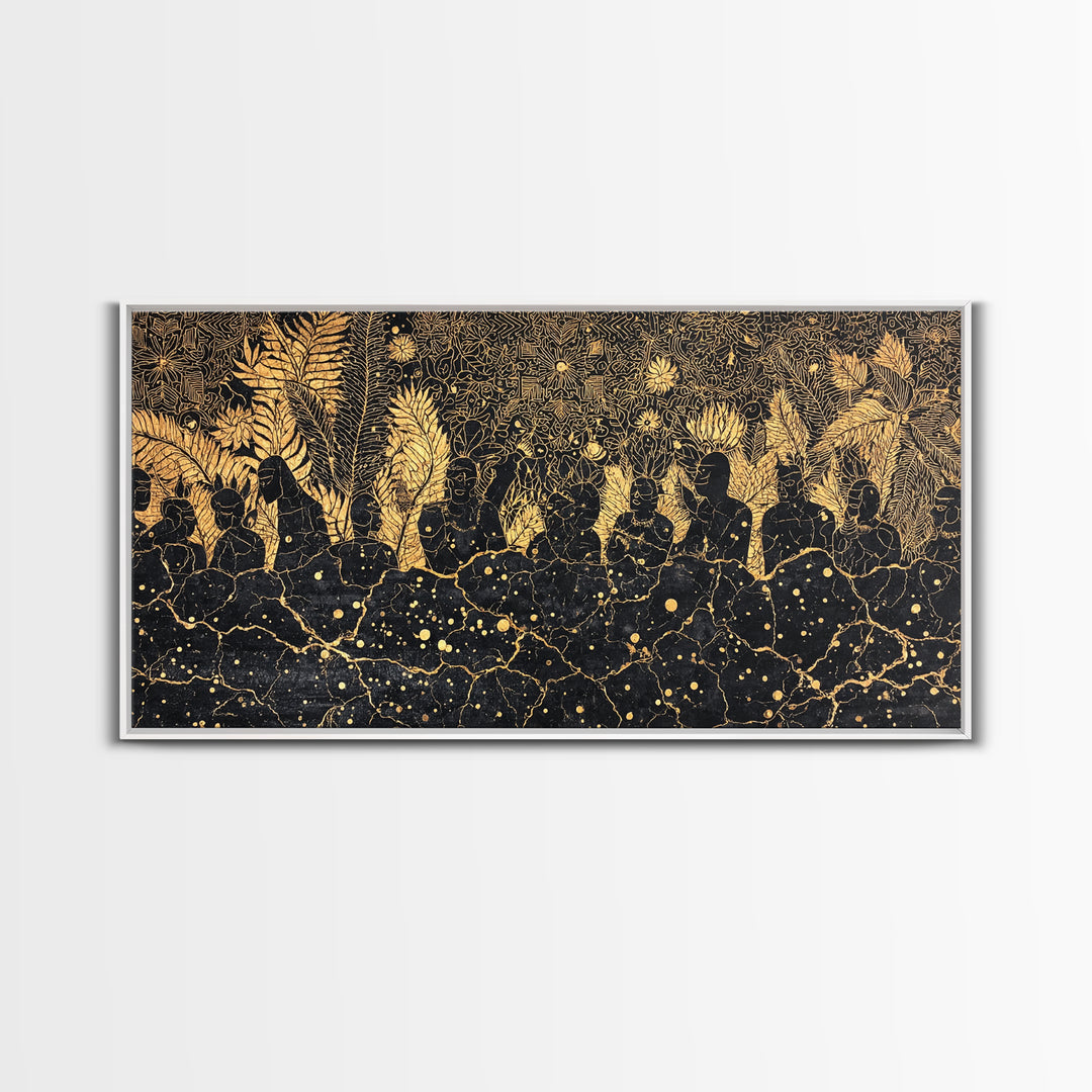 Golden African Women In Jungle Foliage Canvas Print, Black Gold Afrocentric Wall Decor, Tribal Culture Art For Living Room