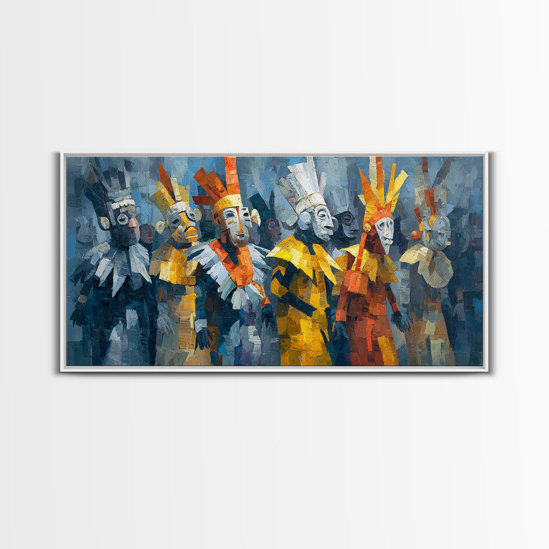 Cubist African Masked Warriors Canvas Print, Ceremonial Tribal Queen Wall Decor, Modern African Art For Bold Home Decor Gift