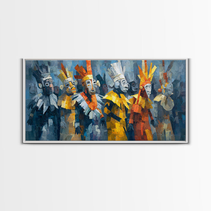 Cubist African Masked Warriors Canvas Print, Ceremonial Tribal Queen Wall Decor, Modern African Art For Bold Home Decor Gift