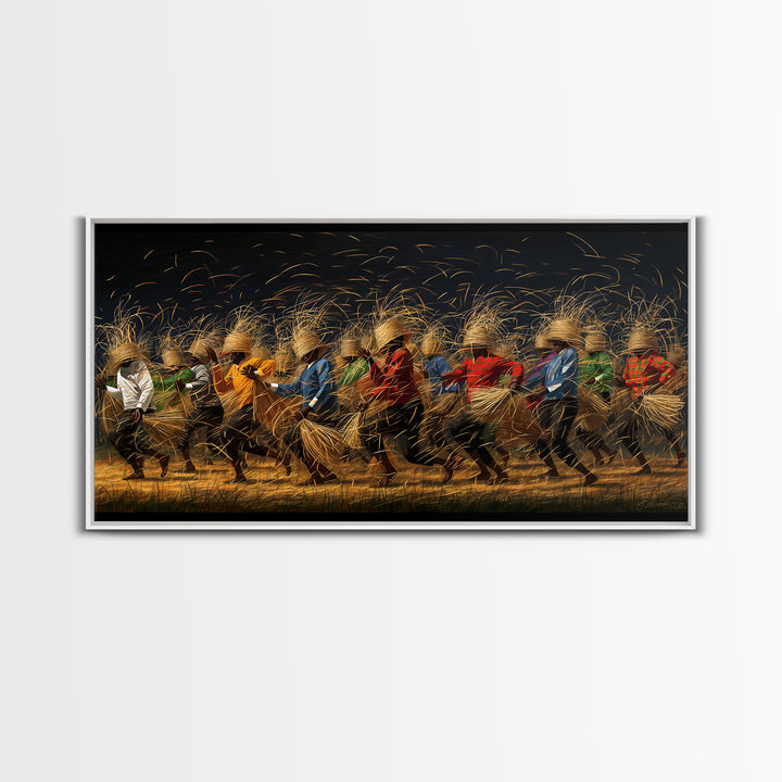 Dynamic African Dancers With Golden Straw Canvas Print, Motion Filled Tribal Wall Decor, Black Gold Cultural Art Gift For Home
