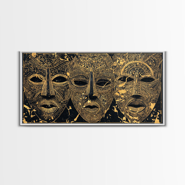 Golden African Tribal Masks Canvas Print, Abstract Mask Art, Afrocentric Wall Decor, Black And Gold Cultural Home Decor Gift