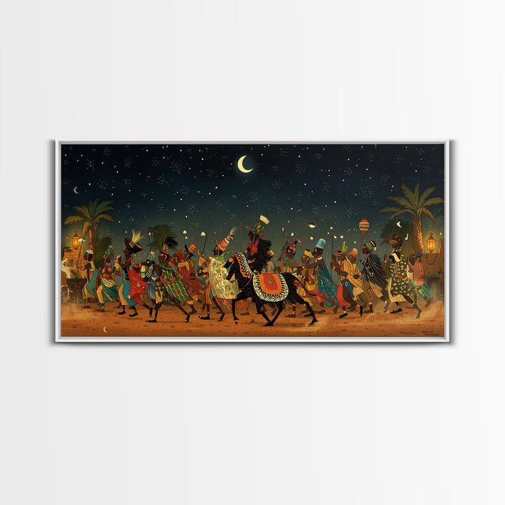Moonlit African Camel Procession Wall Art, Desert Festival Painting, African Safari Art, Cultural Decor For Living Room Gift