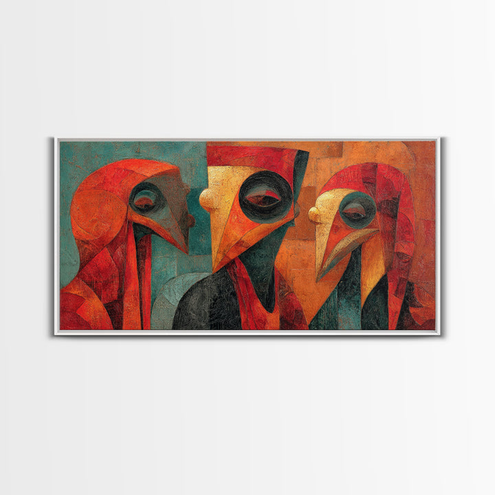 Cubist African Bird Mask Trio Wall Art, Abstract African Art, Modern Tribal Portrait, Burnt Orange Decor Canvas Print Gift