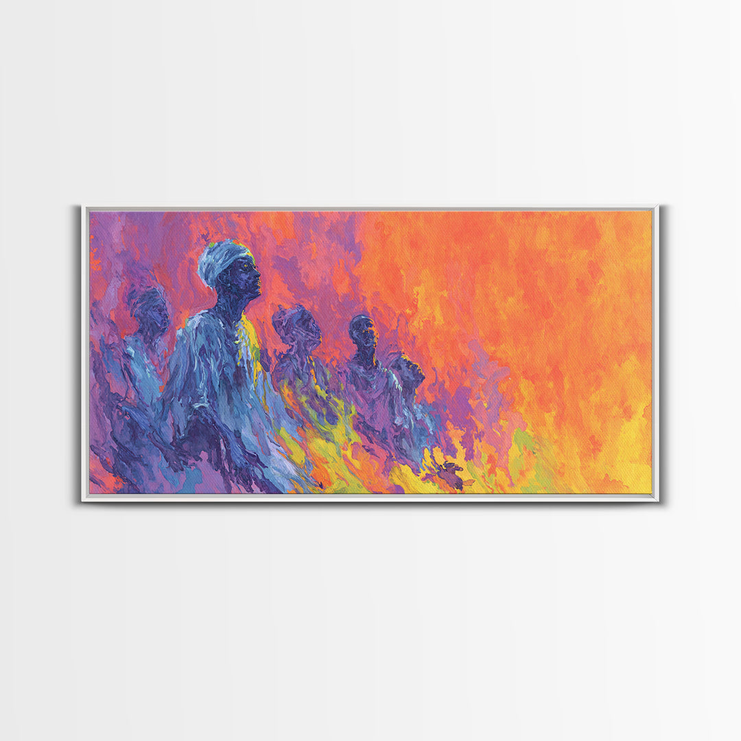 Blue Ancestral Figures By Fire Wall Art, Abstract African Art, Spiritual Cultural Painting, Orange And Purple Decor Gift
