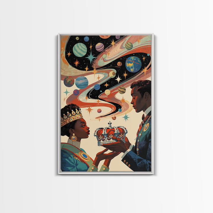 Afrofuturist Royal Couple Wall Art, Cosmic African Queen And King Canvas Print, Black Love Decor, Planets Crown Home Gift
