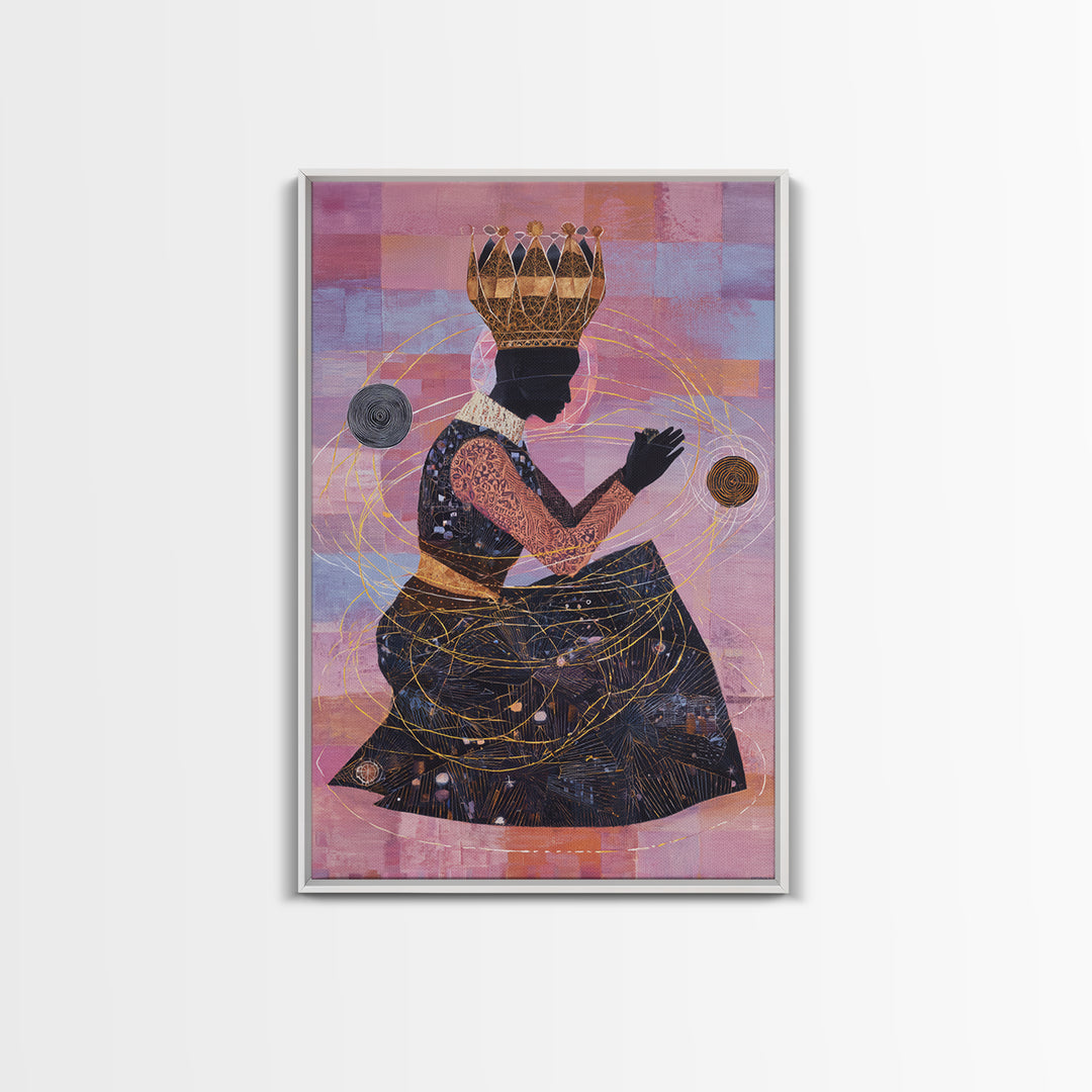 Seated African Queen Silhouette Canvas Print, Pink Cosmic Wall Art, Black Woman Art Home Decor, Feminine Afrocentric Gift