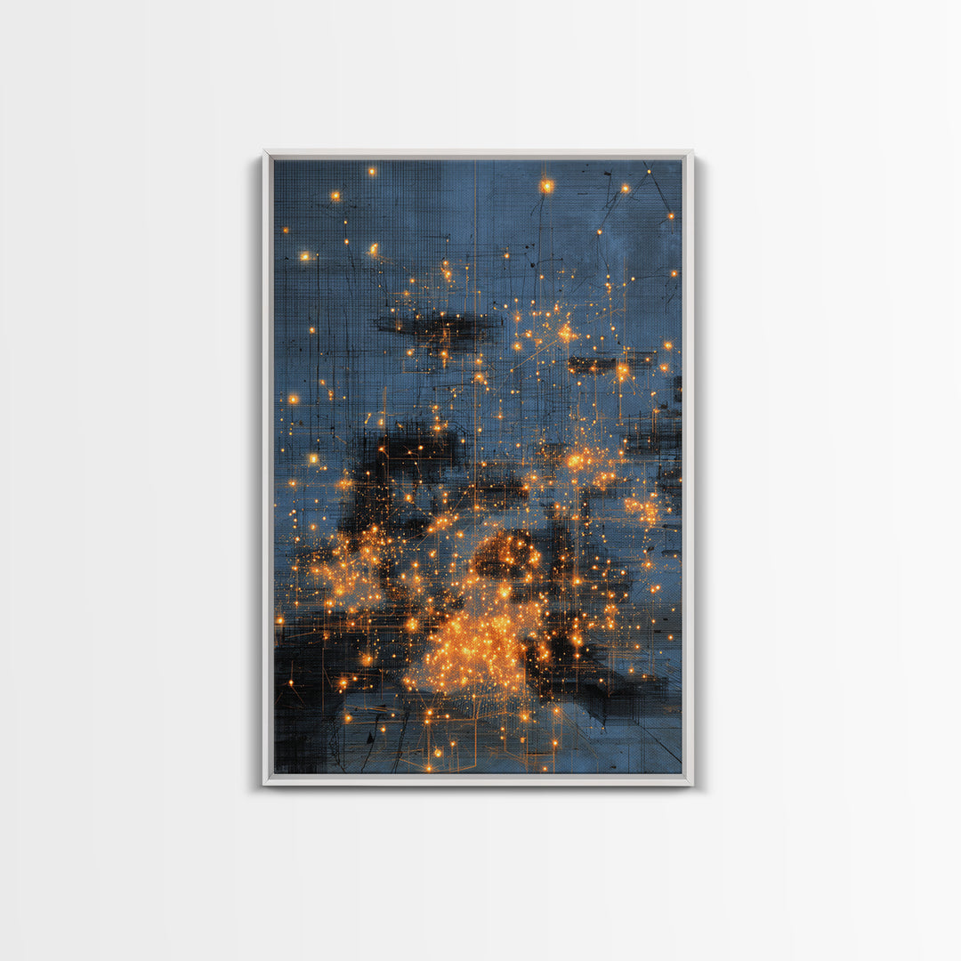 Blue Abstract City Lights Wall Art, Gold Spark Modern Canvas Print, Urban Office Decor, Dreamy Digital Art Luxury Home Gift