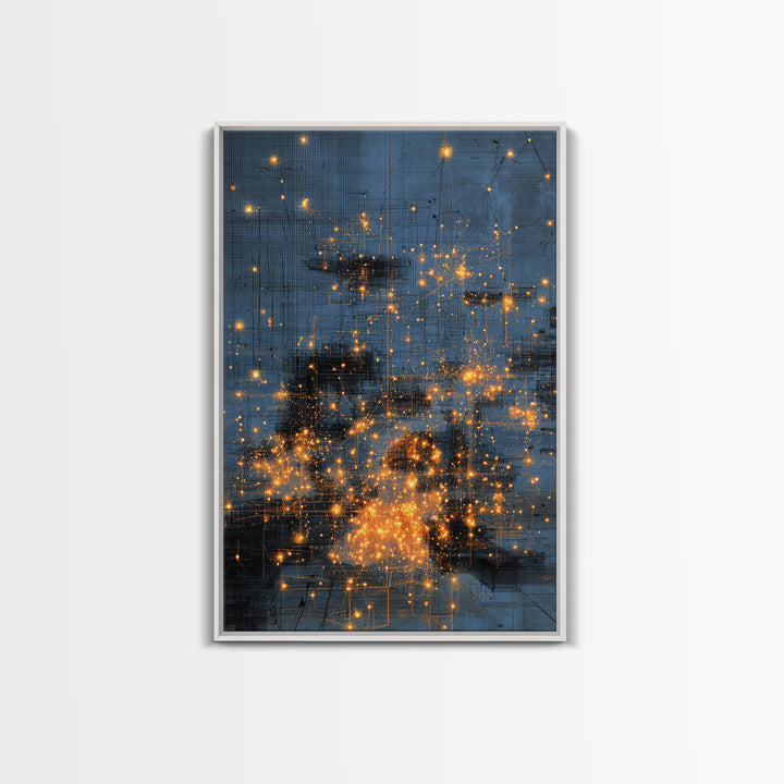 Blue Abstract City Lights Wall Art, Gold Spark Modern Canvas Print, Urban Office Decor, Dreamy Digital Art Luxury Home Gift
