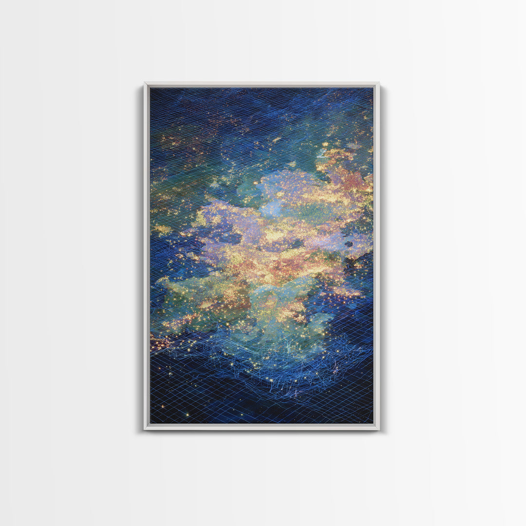 Celestial Ocean Abstract Wall Art, Blue Gold Starry Canvas Print, Dreamy Nature Scene Art, Modern Luxury Home Decor Gift