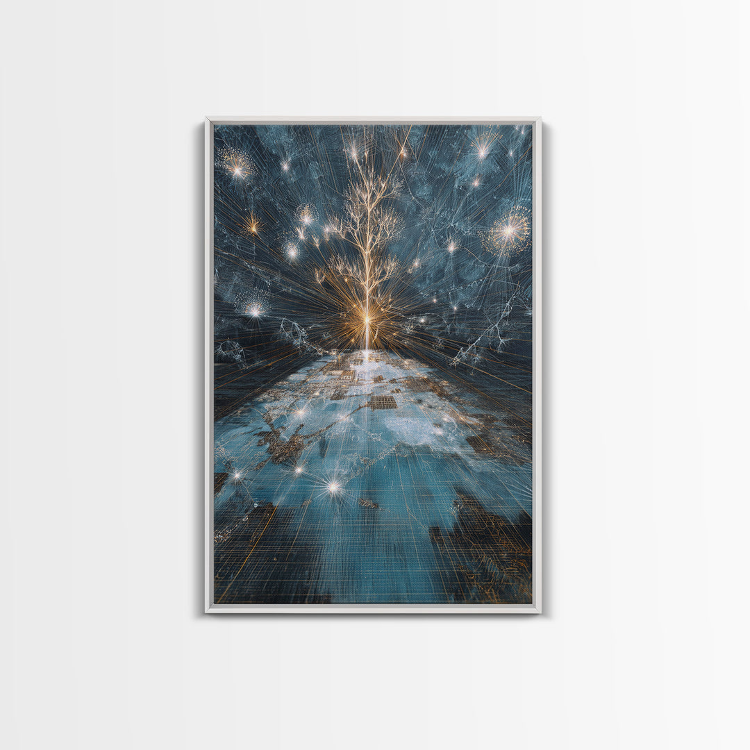 Glowing White Tree Canvas Print, Blue Celestial Wall Art, Spiritual Nature Scene Art, Modern Office Decor, Unique Home Gift