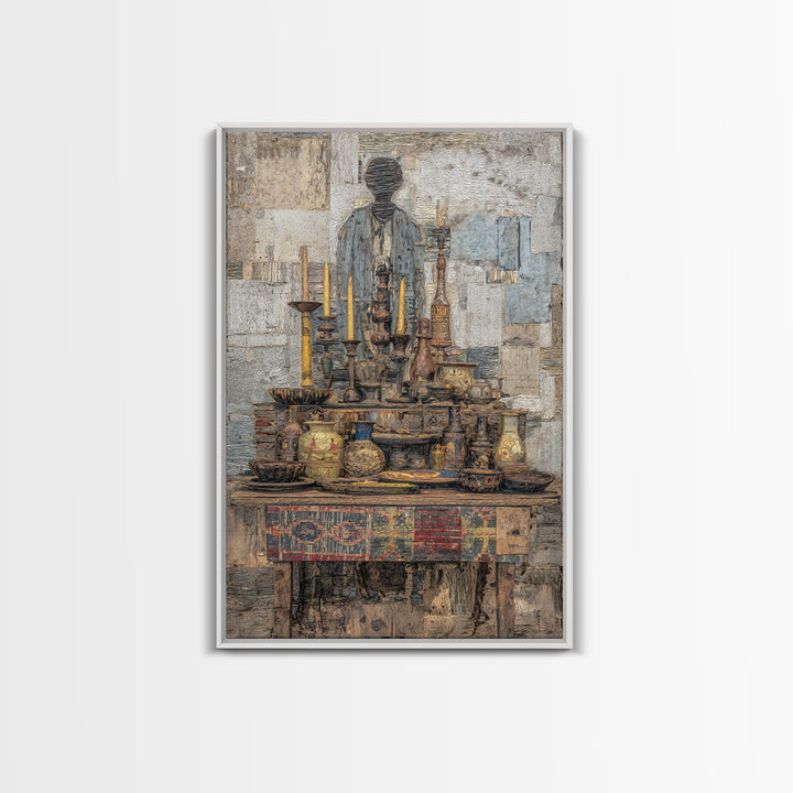 Textured Ancestral Altar With Candles Framed Canvas Print, African Art Decor, Spiritual Wall Art, Ethnic Home Decor Gift