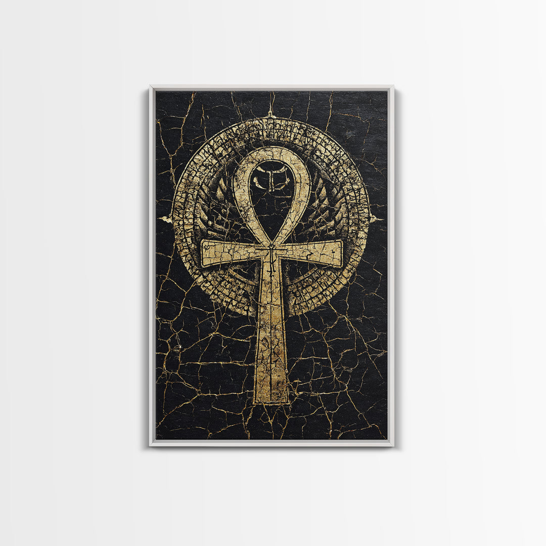 Gold Ankh Symbol On Cracked Black Framed Canvas Print, African Egyptian Art, Spiritual Wall Art, Black And Gold Design Gift