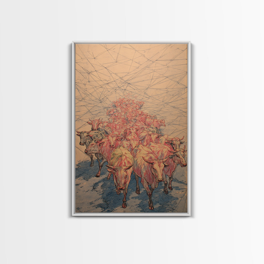 Red Line Cattle Herd Migration Canvas Print, African Animal Art, Rustic Farmhouse Decor, Cultural Wall Art Gift For Living Room