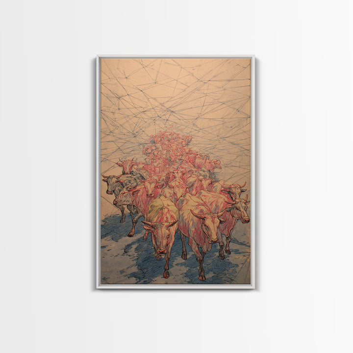 Red Line Cattle Herd Migration Canvas Print, African Animal Art, Rustic Farmhouse Decor, Cultural Wall Art Gift For Living Room