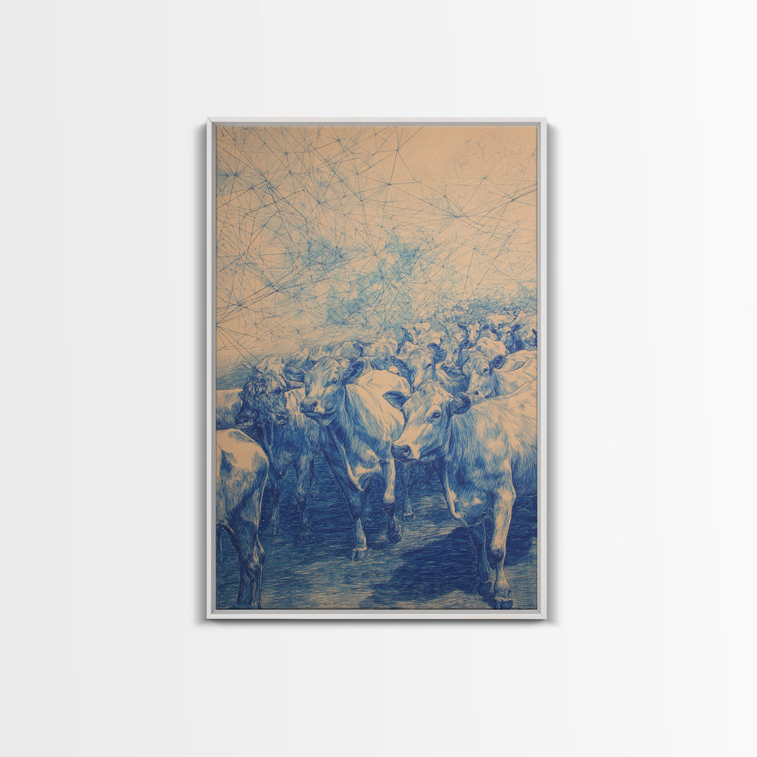 Blue Cattle Herd Network Sketch Wall Art, African Animal Art, Safari Art, Rustic Home Decor, Unique Canvas Gift For Office Decor