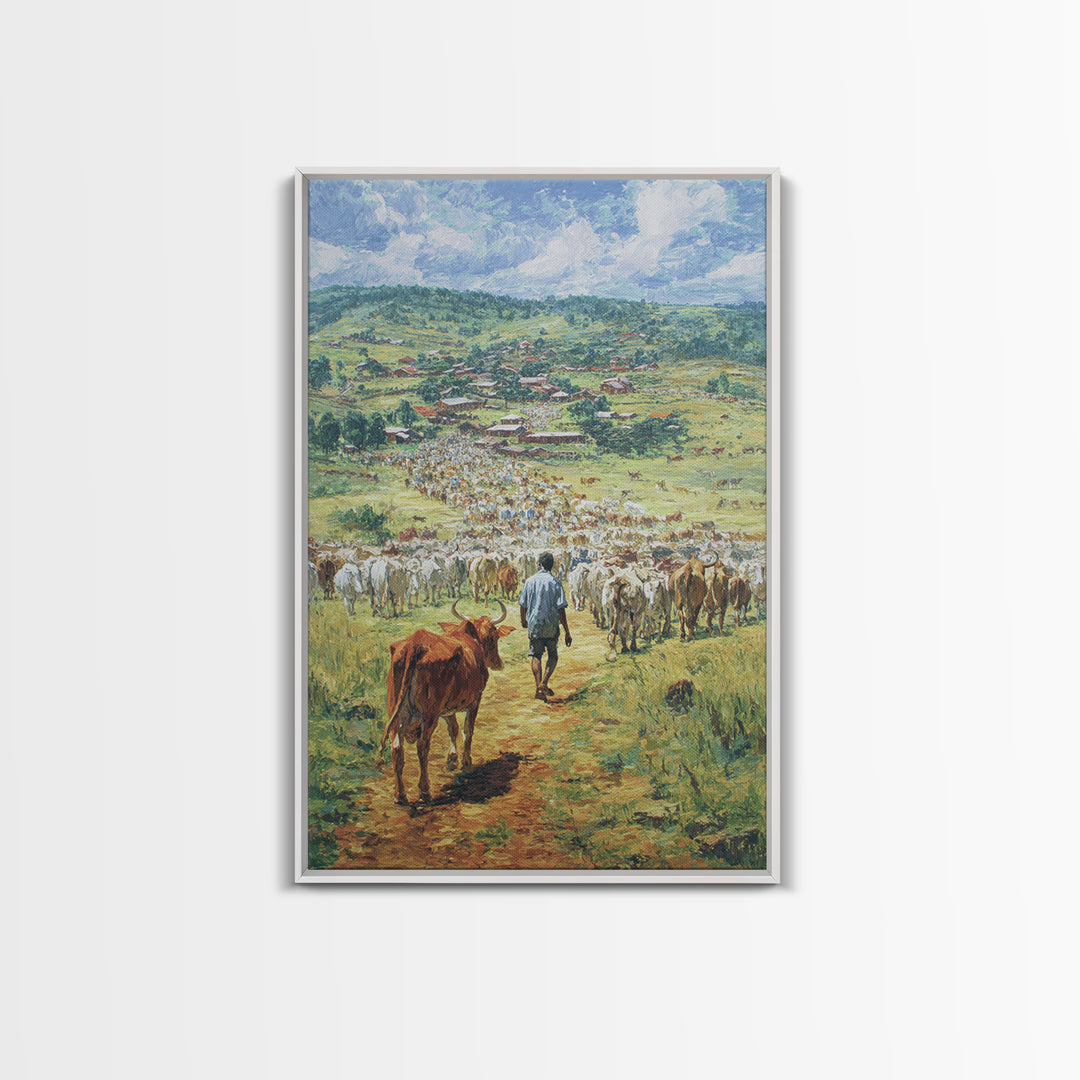 Pastoral Cattle Drive To Village Landscape Wall Art, African Landscape, Safari Decor, Farmhouse Home Decor Gift For Living Room