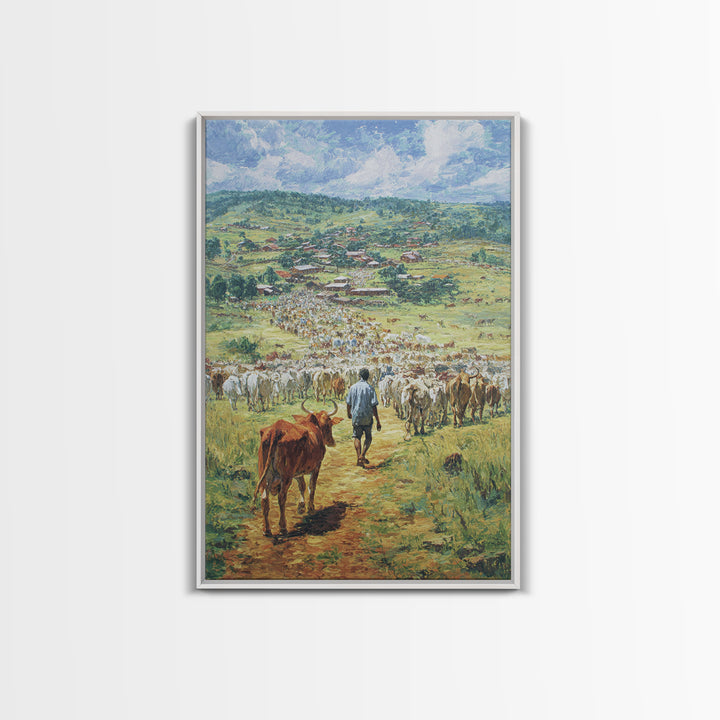 Pastoral Cattle Drive To Village Landscape Wall Art, African Landscape, Safari Decor, Farmhouse Home Decor Gift For Living Room