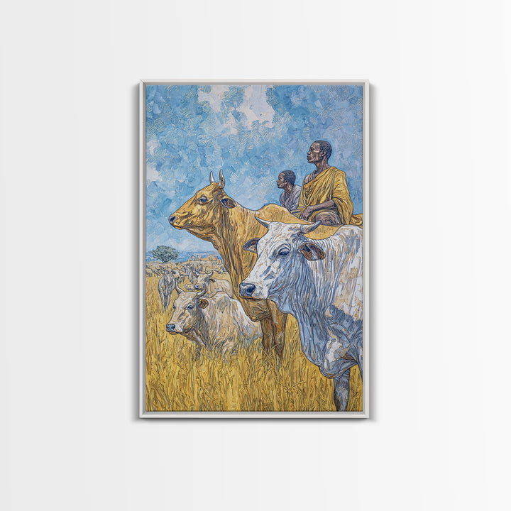 Pastoral African Cattle Herders In Golden Grass Wall Art, Afrocentric Safari Decor, African Landscape Print, Cultural Home Decor