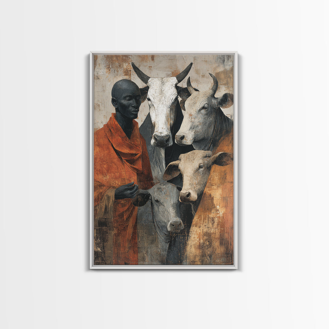 Maasai Herder With White Cattle Framed Canvas Print, African Portrait Wall Decor, Rustic Safari Art, Afrocentric Home Decor