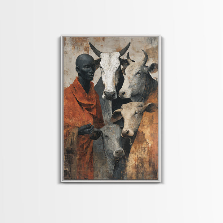 Maasai Herder With White Cattle Framed Canvas Print, African Portrait Wall Decor, Rustic Safari Art, Afrocentric Home Decor