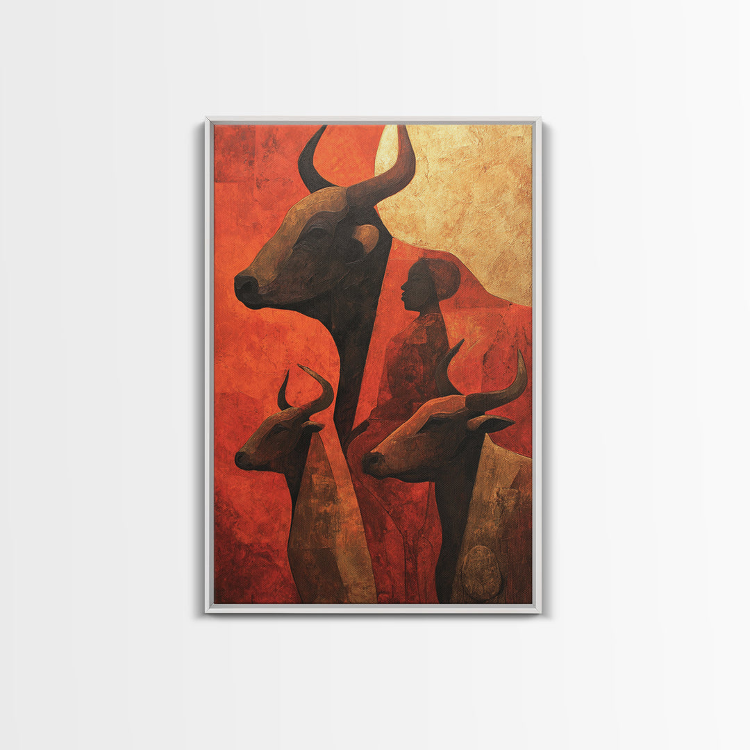 Ochre African Woman With Longhorn Cattle Canvas Print, Tribal Wall Decor, Modern African Art, Burnt Orange Safari Home Decor