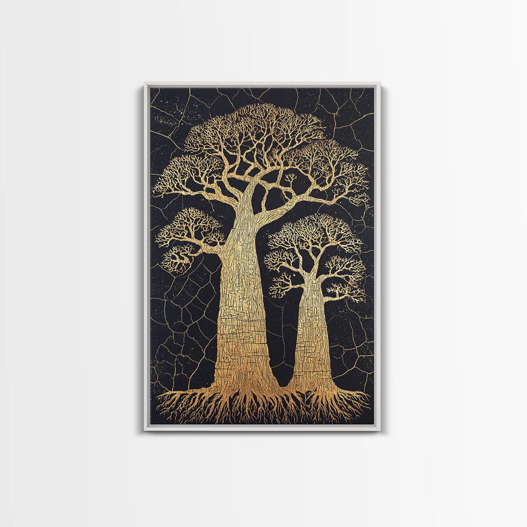Golden Baobab Trees On Black Cracked Ground Wall Art, African Landscape Print, Botanical Safari Decor, Earth Tone Home Decor