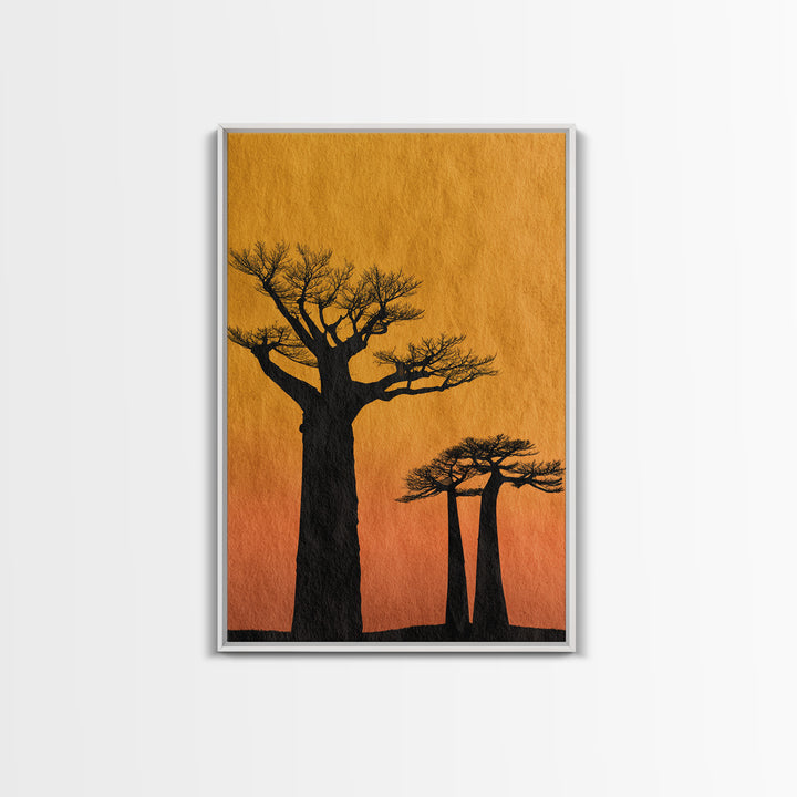 Black Baobab Silhouettes At Orange Sunset Canvas Print, African Tree Wall Decor, Minimalist Safari Art, Warm Boho Home Decor