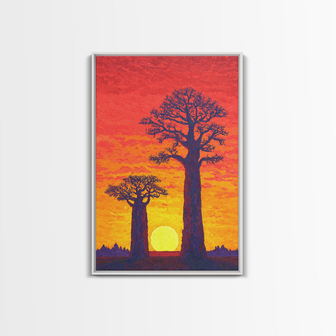 Vivid Baobab Sunset With Glowing Sun Wall Art, African Landscape Print, Colorful Safari Decor, Large Living Room Canvas Print
