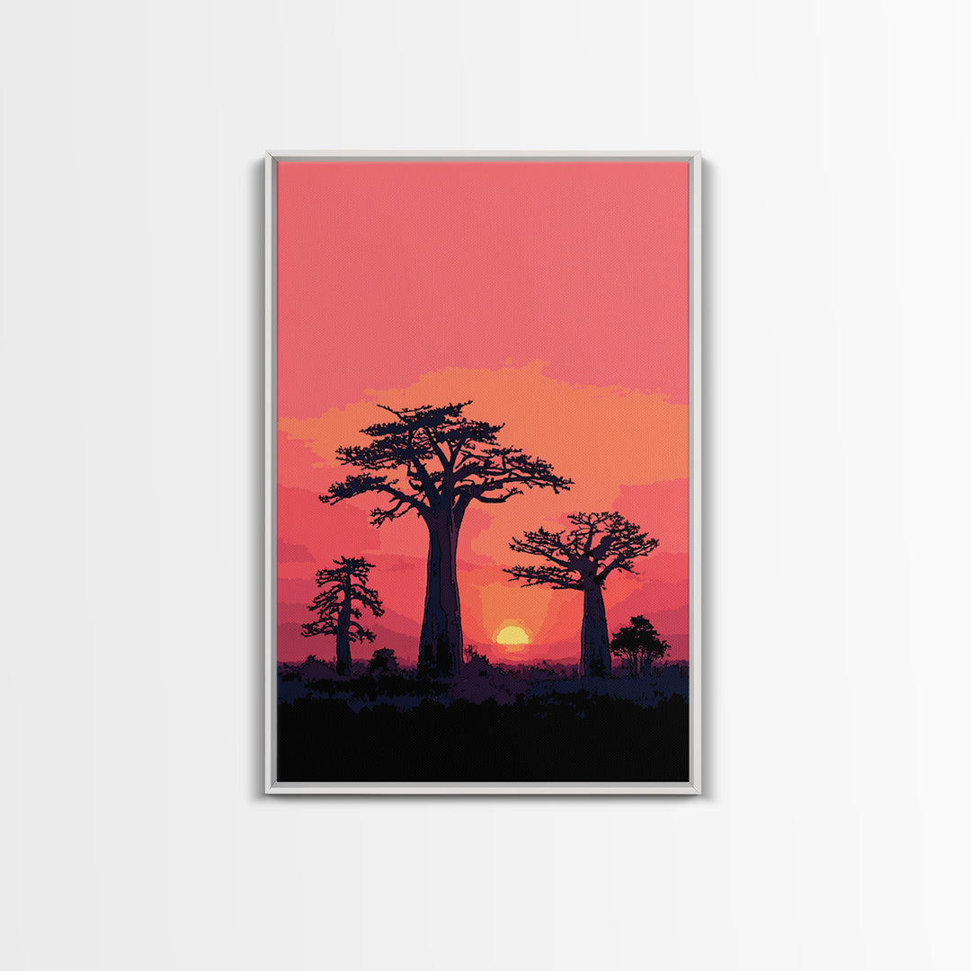 Pink Sunset Baobab Grove Silhouette Canvas Print, Madagascar Wall Art Decor, African Landscape Poster, Modern Safari Home Decor