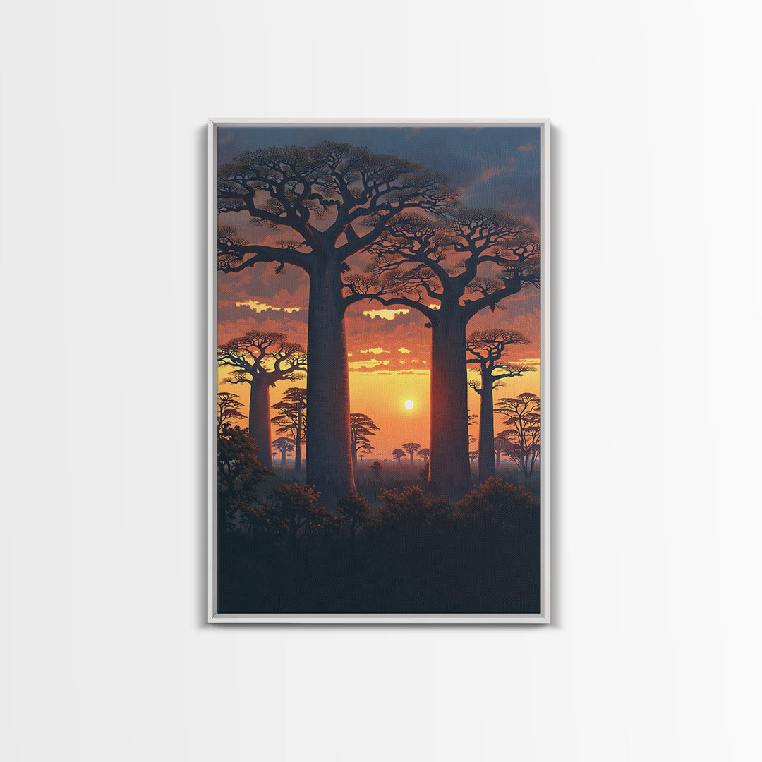 Dramatic Baobab Forest At Dusk Framed Canvas Print, African Safari Wall Decor, Serengeti Landscape Art, Nature Scene Decor