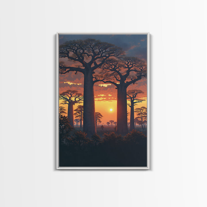 Dramatic Baobab Forest At Dusk Framed Canvas Print, African Safari Wall Decor, Serengeti Landscape Art, Nature Scene Decor